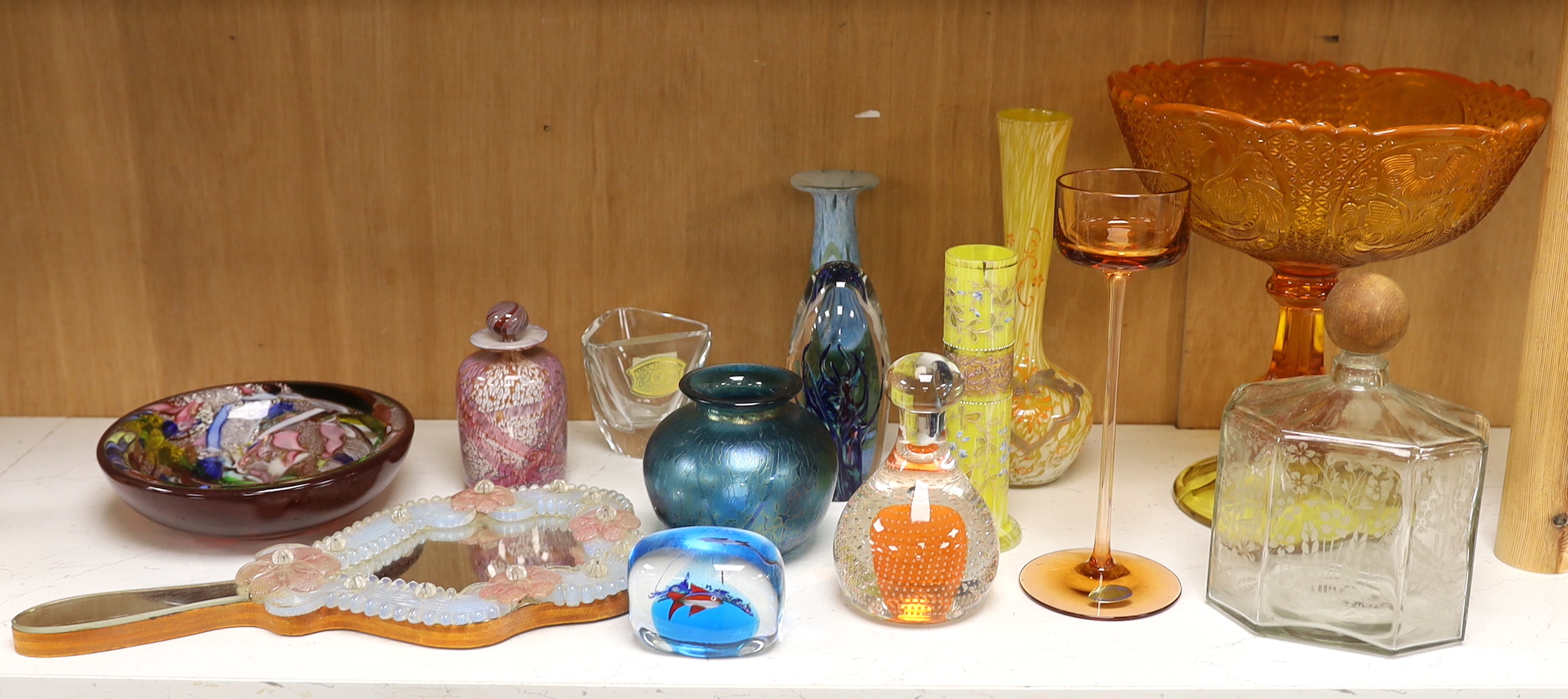 Fourteen glass items, including; paper weights, vases, perfume bottles, a Venetian style mirror and a pressed glass centrepiece, items by Wedgwood, etc.